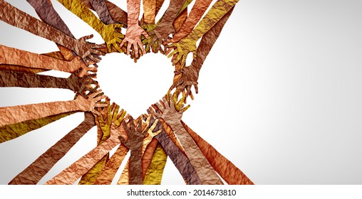 Diverse hands heart and united diversity or unity partnership in a group of multicultural people connected together shaped as a support symbol expressing the feeling of teamwork and togetherness. - Shutterstock ID 2014673810