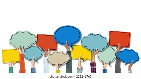 Diverse Hands Holding Colorful Speech Bubbles - Shutterstock ID 223246762