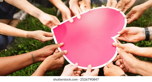 Diverse hands holding pink heart. Many diverse hands hold heart together. Unity and love. Diverse men and women holding a heart together. charity, support and volunteering. Group of people with heart - Powered by Shutterstock