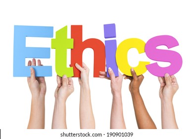 Diverse Hands Holding The Word Ethics