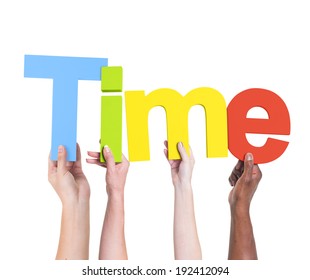 Diverse Hands Holding the Word Time