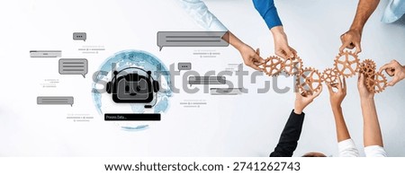 Diverse hands work together to create a synergy, while a chatbot icon symbolizes advanced technology and communication in a modern business context. Trope