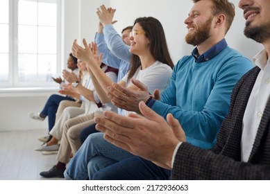 Diverse Happy Business Team Audience People Listeners Group Applauding Sit On Chairs Clapping Hands At Corporate Training Conference Seminar Meeting Thank For Presentation, Applause Ovation Concept