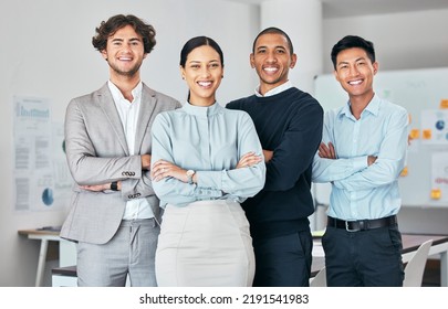 Diverse, Happy And Proud Team Of Employees Happy And Smiling About Business Success At The Office. Portrait Of A Female Leader With A Group Of Colleagues With A Positive Mindset For Company Growth