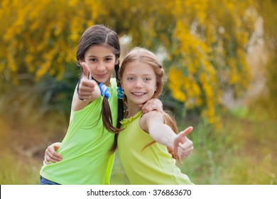 Diverse Happy Smiling Kids At Summer Camp Thumbs Up