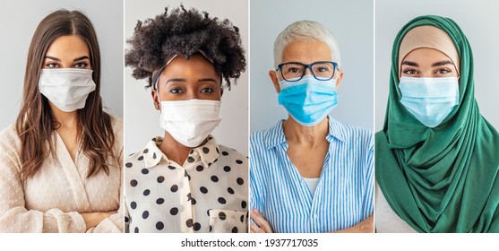 Diverse Human Faces with face masks. Diverse group of people portraits with surgical masks. Young people with protective mask - Powered by Shutterstock