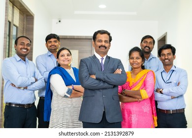 Diverse Indian Corporate Employees With Arms Crossed Standing Looking At Camera At Office - Concept Of Teamwork, Workforce, Business Development And Collaboration.