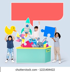 Diverse kids playing with toy icons