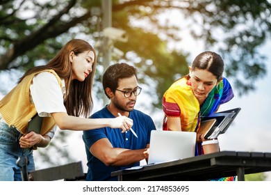 Diverse LGBTQ Partnership Culture Business Partner Working Support Together At Park. Business Young Team Discuss At The Outdoor. Business Colleagues Outside Office. A Group Of Friends Students 