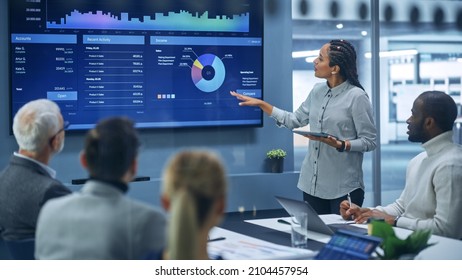 Diverse Modern Office: Successful Black Female Digital Entrepreneur Uses TV Screen with Big Data, Statistics, Talks about Company Growth, Discusses Strategy with Investors, Top Managers, Executives - Powered by Shutterstock