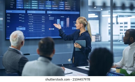 Diverse Modern Office: Successful Businesswoman Uses TV Screen With Big Data, Statistics, Talks About Company Growth, Discusses Strategy With Investors. Information Technology Expert Talks