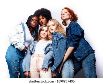 Diverse Multi Nation Girls Group, Teenage Friends Company Cheerful Having Fun, Happy Smiling, Cute Posing Isolated On White Background, Lifestyle People Concept, African-american, Asian And Caucasian