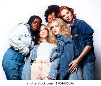 Diverse Multi Nation Girls Group, Teenage Friends Company Cheerful Having Fun, Happy Smiling, Cute Posing Isolated On White Background, Lifestyle People Concept, African-american, Asian And Caucasian