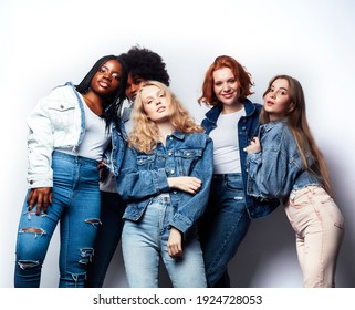 Diverse Multi Nation Girls Group, Teenage Friends Company Cheerful Having Fun, Happy Smiling, Cute Posing Isolated On White Background, Lifestyle People Concept, African-american And Caucasian