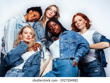 diverse multi nation girls group, teenage friends company cheerful having fun, happy smiling, cute posing isolated on white background, lifestyle people concept, african-american and caucasian
