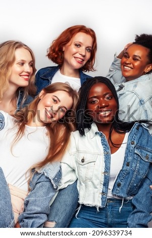 diverse multi nation girls group, teenage friends company cheerful having fun, happy smiling, cute posing isolated on white background, lifestyle people concept, african-american and caucasian