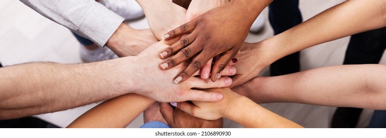 Diverse Multicultural Hand Stack In Circle. Multiracial Cohesive Supporting Hands