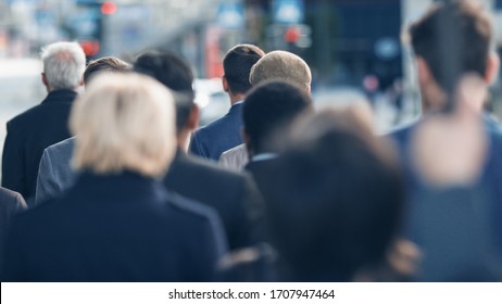 Diverse And Multicultural Office Managers And Business People Commute To Work Or From Office On Foot. Pedestrians Are Dressed Smartly And Walk Away. Successful People Walking In Downtown.