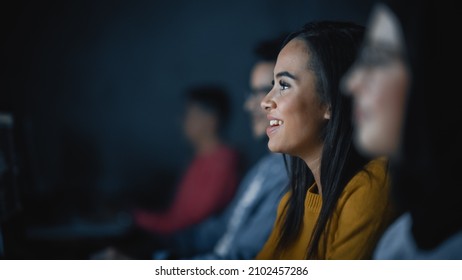 Diverse Multiethnic Group Of Female And Male Students Sitting In College Room, Collaborating On School Projects On A Computer. Young Scholars Study, Talk, Apply Academic Skills And Knowledge In Class.