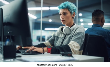 In Diverse Multi-Ethnic Office: Portrait of Young Stylish Woman Working on Desktop Computer. Non-Binary Person Creating Modern Content, Do Contemporary Project Design, Create Colorful Marketing - Shutterstock ID 2083343629