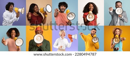 Diverse multiethnic people making announcement with megaphones on colorful studio backgrounds, excited men and women using loudspeakers for sharing news or information, collage, panorama