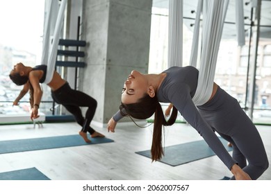 Diverse multiethnic women hang on hammock meditate practice fly yoga at group class together. Multiracial sporty toned females do spirts follow healthy lifestyle, have stretching workout training. - Powered by Shutterstock