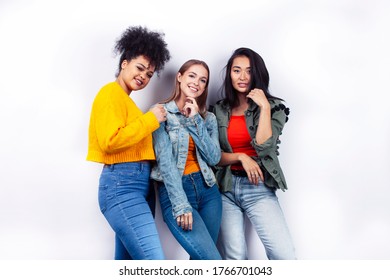 Diverse Nation Girls Group, Teenage Friends Company Cheerful Having Fun, Happy Smiling, Cute Posing Isolated On White Background, Lifestyle People Concept