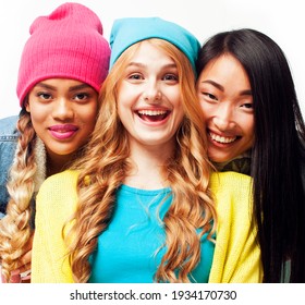 Diverse Nation Girls Group, Teenage Friends Company Cheerful Having Fun, Happy Smiling, Cute Posing Isolated On White Background, Lifestyle People Concept