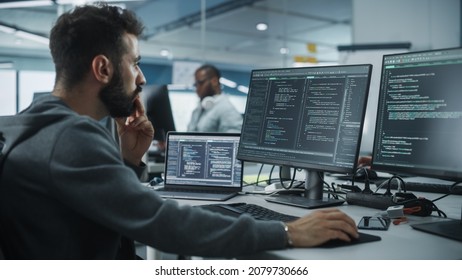Diverse Office: Enthusiastic White IT Programmer Working on Desktop Computer. Male Specialist Creating Innovative Software. Engineer Developing App, Program, Video Game. Writing Code in Terminal