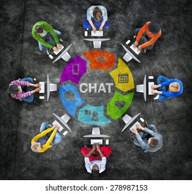 Diverse People in a Circle Using Computer with Chat Concept