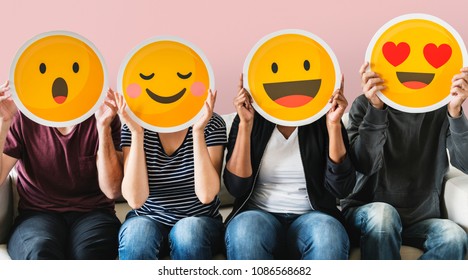Diverse people covered with emoticons