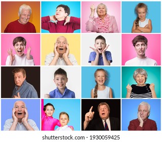 Diverse people with different color background. Collage of men, women, children