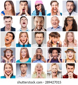 Diverse people with different emotions. Collage of diverse multi-ethnic and mixed age range people expressing different emotions 