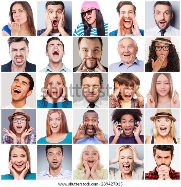 Diverse people with different emotions. Collage of\
diverse multi-ethnic and mixed age range people expressing\
different emotions 