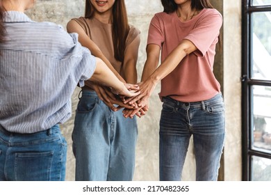 Diverse People Group Stacked Joined Hands In Pile, Multiethnic Team Friends Students Together As Racial Unity Concept, Partnership Coaching Training, Teambuilding, Support In Teamwork.