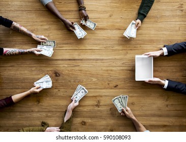 Diverse People Hands Hold Money Bill