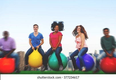 Diverse People Happiness Friendship Bouncing Ball Concept