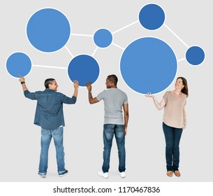 Diverse People Holding Blue Round Icons