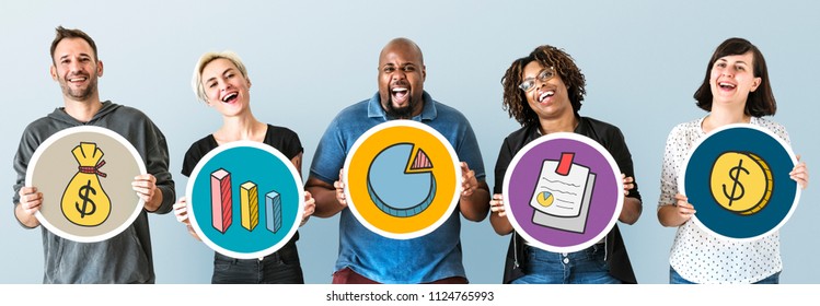 Diverse people holding financial icons - Powered by Shutterstock