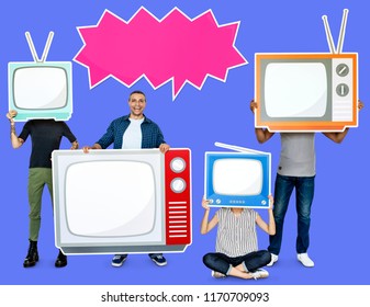 Diverse people holding televisions paper cut