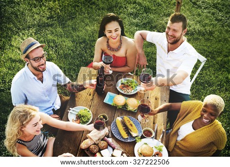 Similar – Image, Stock Photo Young happy couple looking smartphone outdoors in summer