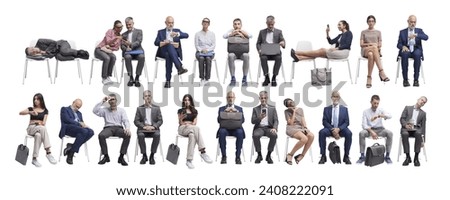 Diverse people sitting on a chair and waiting for a job interview or a meeting, set of portraits collage