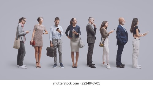 Diverse people standing and waiting patiently in line, isolated on gray background