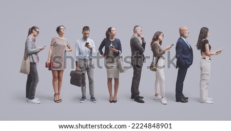 Diverse people standing and waiting patiently in line, isolated on gray background
