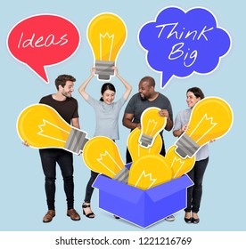 Diverse people with think outside the box concept icons