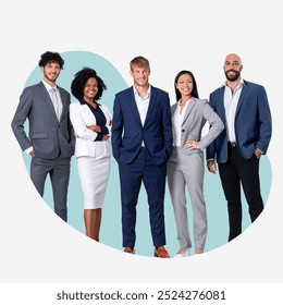 Diverse professionals in formal attire. Diverse businessmen and businesswomen in suits, smiling. Business professionals, diverse team, business attire. Diverse businesspeople. - Powered by Shutterstock