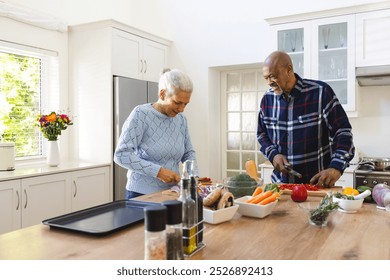 Diverse senior couple chopping vegetables in kitchen. Lifestyle, retirement, senior lifestyle, food, cooking, togetherness and domestic life, unaltered. - Powered by Shutterstock