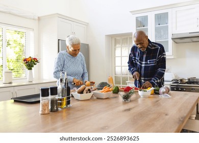 Diverse senior couple chopping vegetables in kitchen. Lifestyle, retirement, senior lifestyle, food, cooking, togetherness and domestic life, unaltered. - Powered by Shutterstock