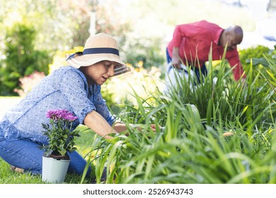 Diverse senior couple gardening in sunny garden. Lifestyle, retirement, senior lifestyle, nature, gardening, togetherness and domestic life, unaltered. - Powered by Shutterstock