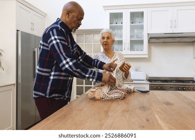 Diverse senior couple unpacking groceries in kitchen. Lifestyle, retirement, senior lifestyle, shopping, togetherness and domestic life, unaltered. - Powered by Shutterstock